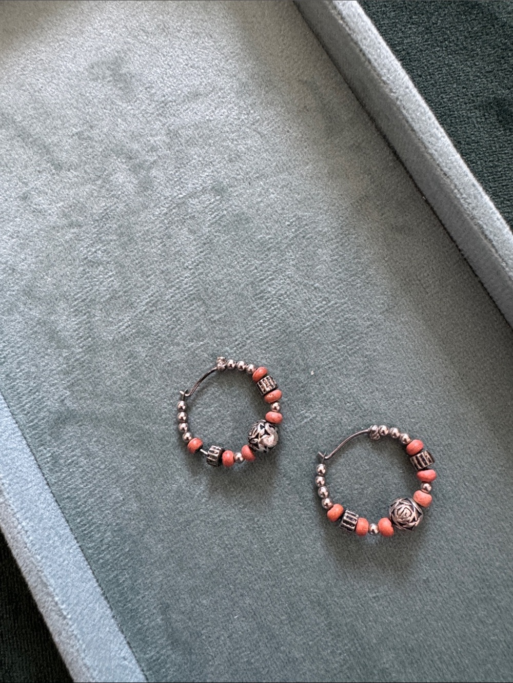 Beaded Hoop Earrings with Coral and Silver Accents